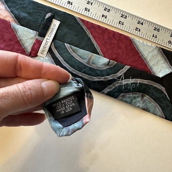 Hand Painted Silk Neck Tie By Robert Daskal Aoko Geometric Necktie Mens Artisan - Picture 3 of 4